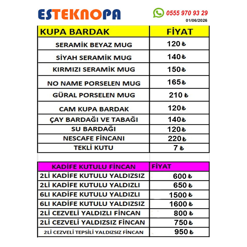 KUPA & FİNCAN FİYAT LİSTESİ